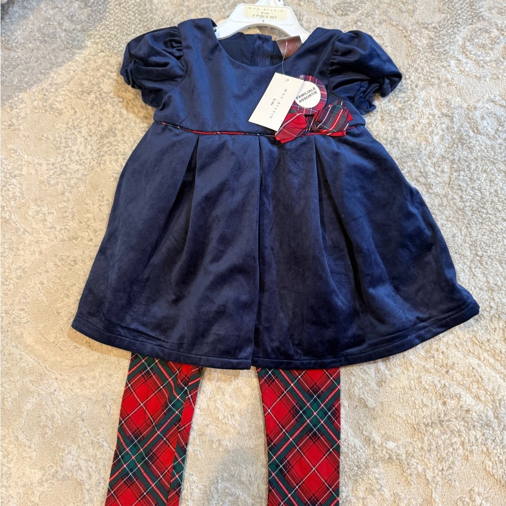 Navy Blue Dress with Red Plaid Leggings.